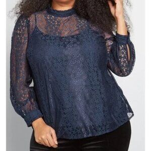 ModCloth Winsome Whims Navy Blue Star Lace Blouse XL Whimsigoth Witchy Goth